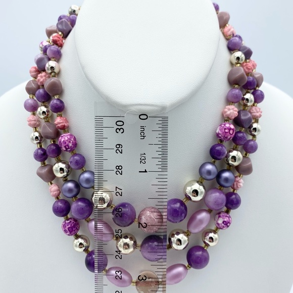 Vintage Purple Silver Tone Flower Beaded Multi Strand Collar Statement Necklace - Picture 3 of 11